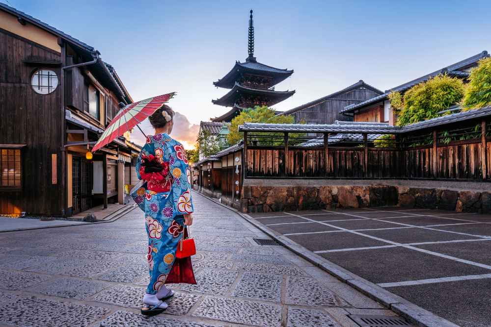 woman wearing japanese traditional kimono with umbrella yasaka pagoda sannen zaka street kyoto japan 11zon