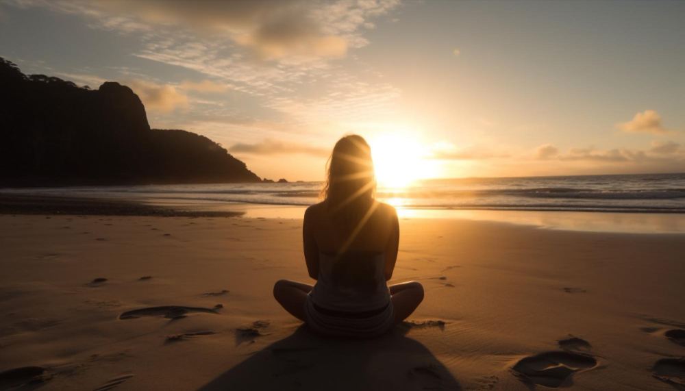 one woman meditates backlit by tranquil sunrise generated by ai 11zon